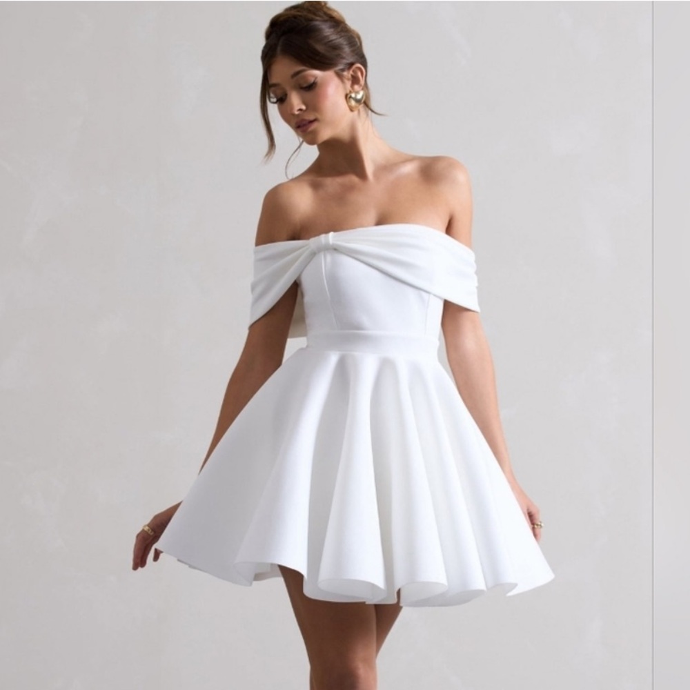 Club L London White Snowfall Bardot Bow Skater Mini Dress NWT